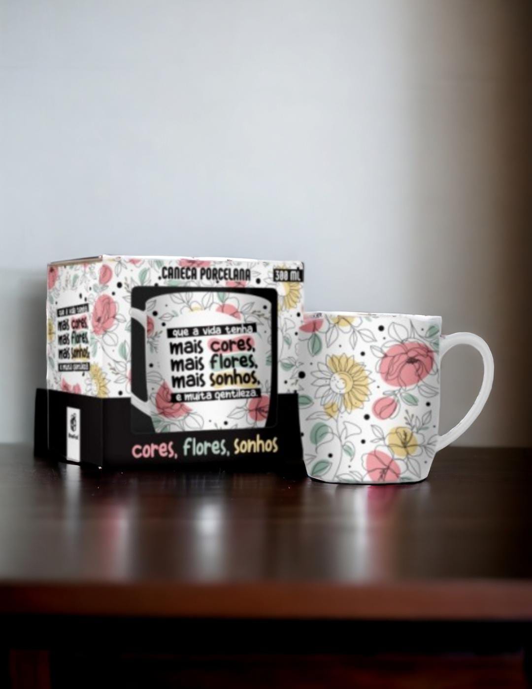 CANECA PORCELANA 300ML - CORES FLORES E SONHOS